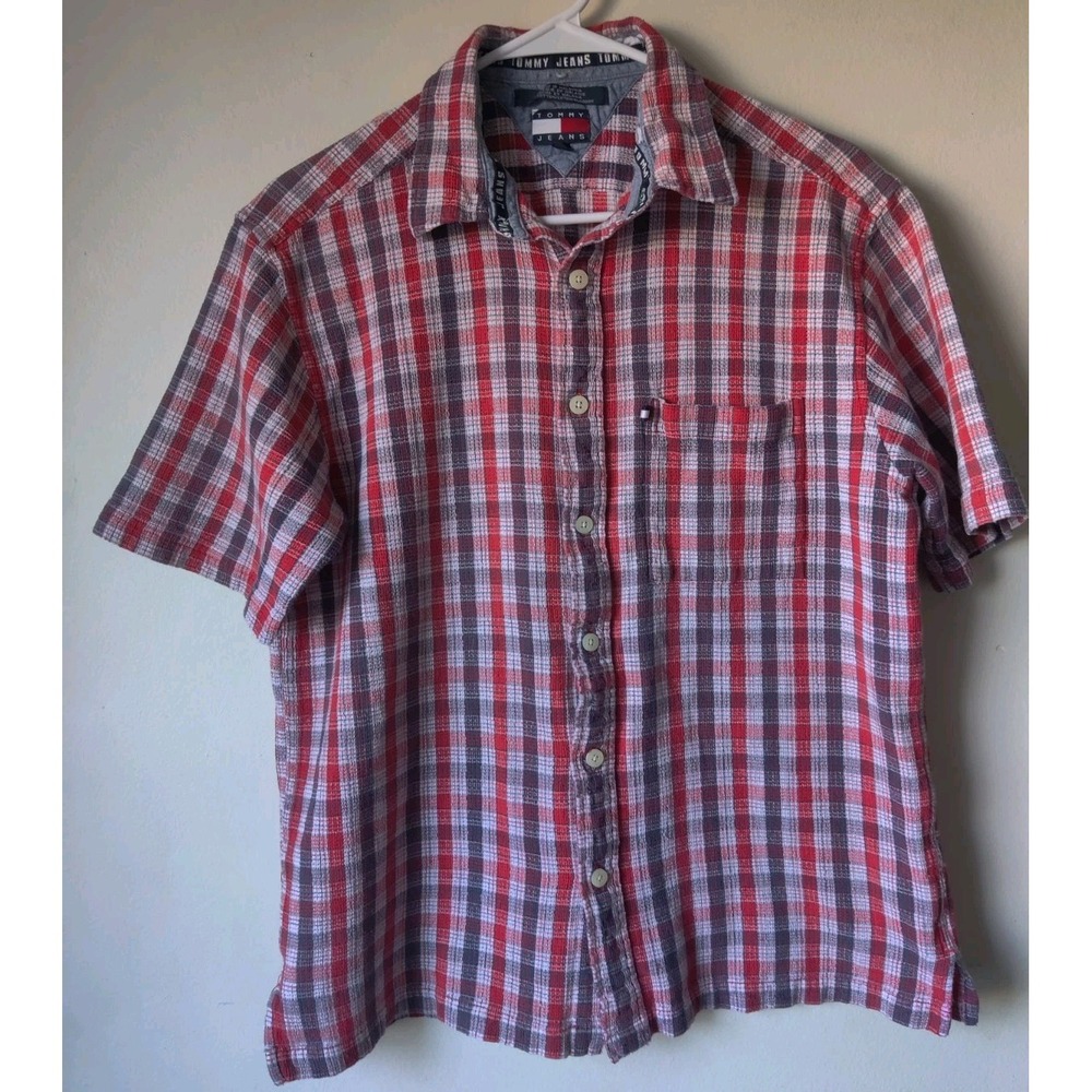 Tommy Hilfiger Men Cotton Checkered Button Up Short Sleeve Shirt Vintage Size‎ M